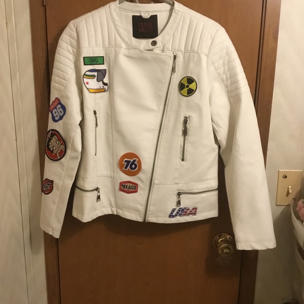 Olivia Miller White Patch-Embellished Biker Jacket  L